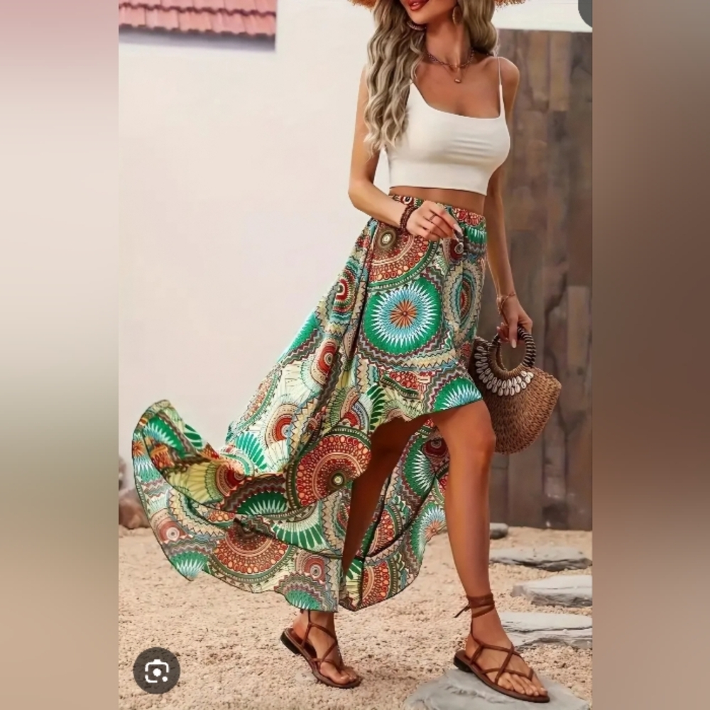 **SALE $15** Vibrant Asymmetrical Maxi Skirt in Green and Orange